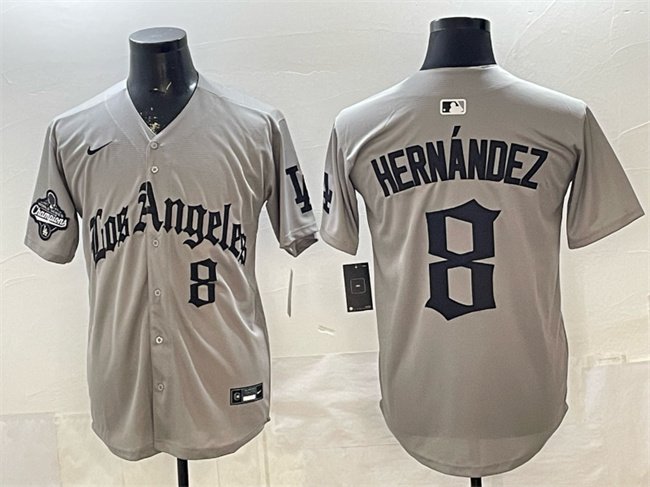Dodgers #8 Enrique Hern&Atilde;&iexcl;ndez Grey LA Gothic Style With 2025 World Series Champions Patch Jersey
