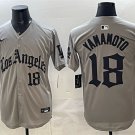 Dodgers #18 Yoshinobu Yamamoto Grey LA Gothic Style With 2025 World Series Champions Patch Jersey
