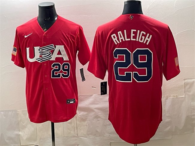 Men's USA Baseball #29 Cal Raleigh Red World Baseball Classic Stitched Jersey