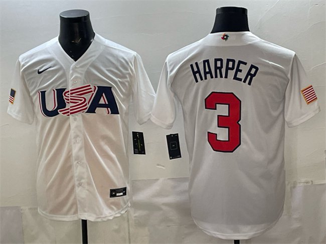 Men's USA Baseball #3 Bryce Harper White World Baseball Classic Stitched Jersey