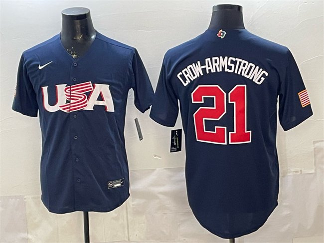 Men's USA Baseball #21 Pete Crow-Armstrong Navy World Baseball Classic Jersey
