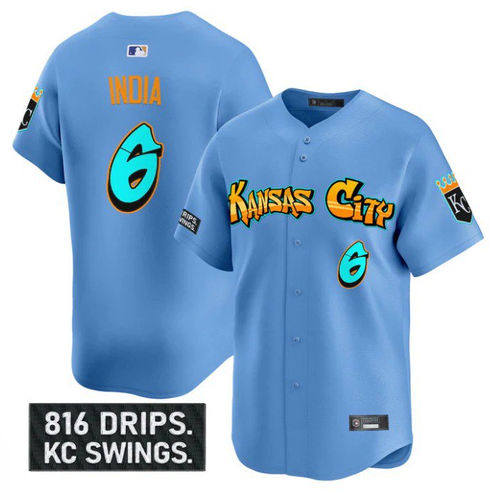 Jonathan India Jersey #6 Kansas City Royals Graffiti Crown Drop Stitched Blue