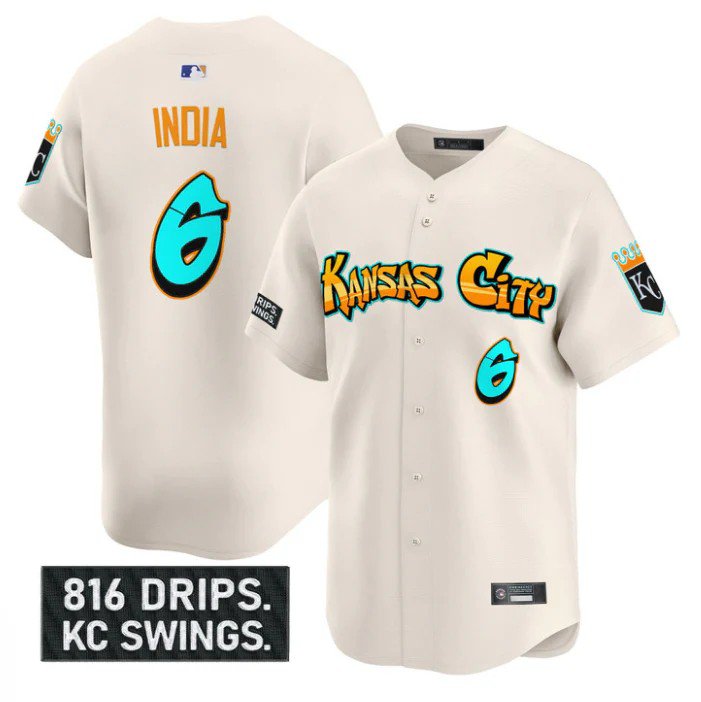 Jonathan India Jersey #6 Kansas City Royals Graffiti Crown Drop Stitched Cream