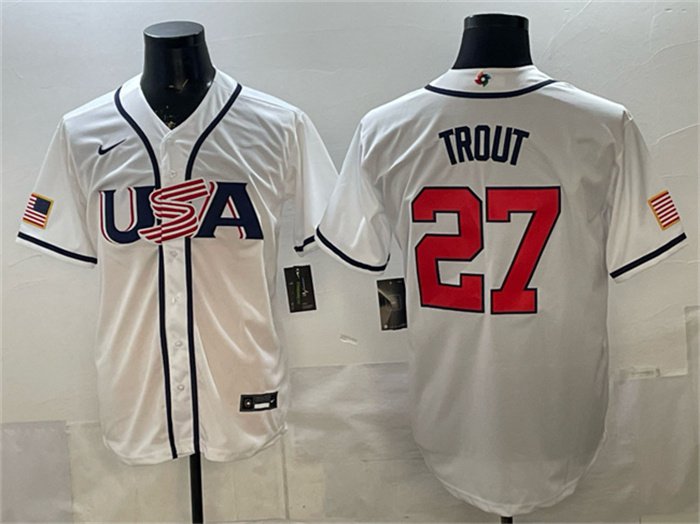 Men's 2026 Team USA World Baseball Cup Jersey White #27 Mike Trout