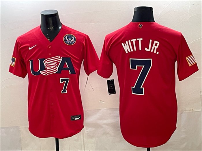 Men's USA Baseball #7 Bobby Witt Jr. Red 2026 World Baseball Classic 250th Patch Jersey