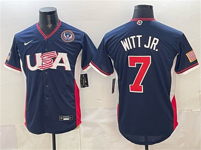 Men's USA Baseball #7 Bobby Witt Jr. Navy 2026 World Baseball Classic 250th Patch Jersey
