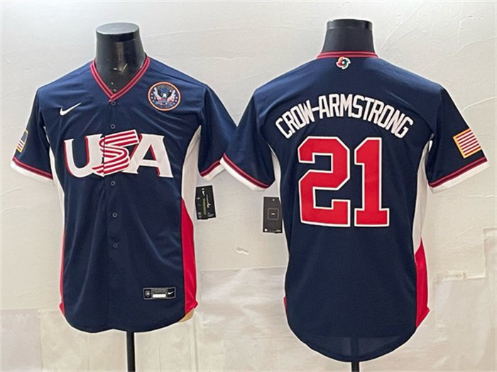 Men's USA Baseball #21 Pete Crow-Armstrong Navy 2026 World Baseball Classic 250th Patch Jersey