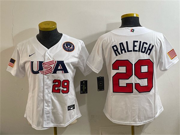 Women's USA Baseball #29 Cal Raleigh White 2026 World Baseball Classic United States Jersey