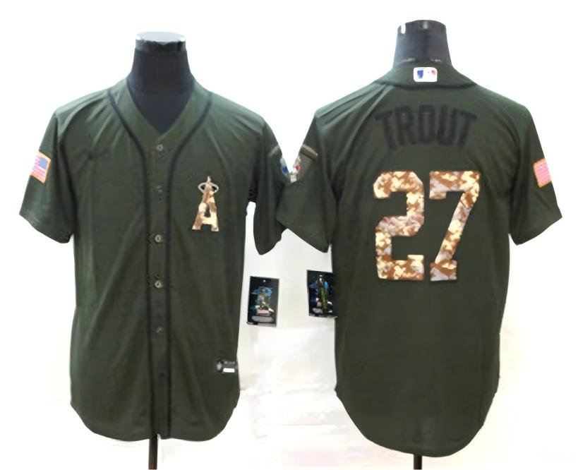 Men's LAA #27 Mike Trout Green Salute To Service Stitched Jersey