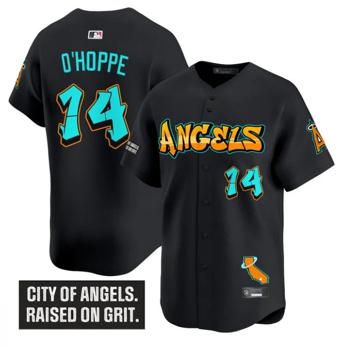 Logan O'Hoppe Jersey #14 Los Angeles Angels Graffiti Halo Drop Edition Black