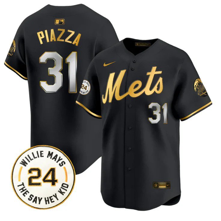 Mike Piazza Jersey #31 Mets Willie Mays Patch Vapor Premier Stitched Black Gold