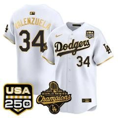 Fernando Valenzuela Jersey #34 Dodgers 2025 World Champions 250 USA White Gold
