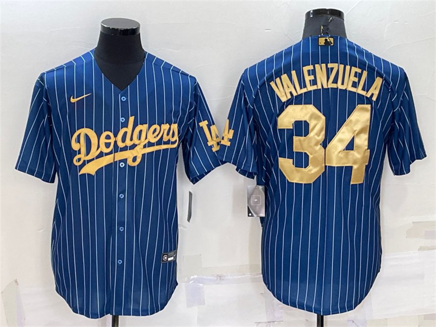 Mens Dodgers #34 Fernando Valenzuela Throwback Jersey Blue Strip