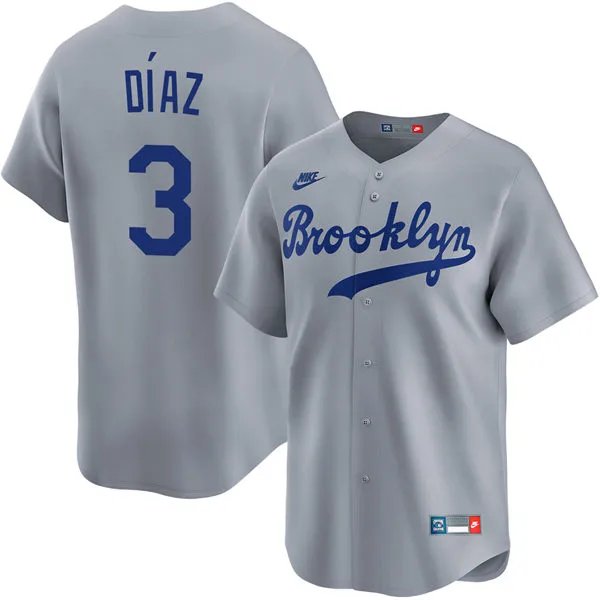 Dodgers #3 Edwin Diaz Nike Gray Throwback Cooperstown Collection Limited Jersey