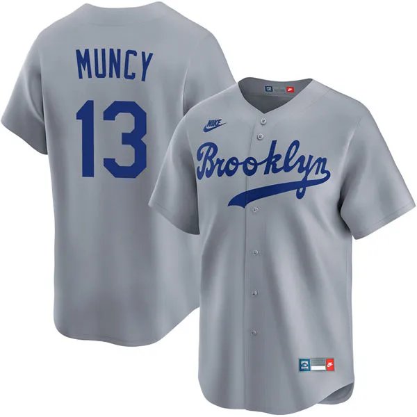 Dodgers #13 Max Muncy Nike Gray Throwback Cooperstown Collection Limited Jersey