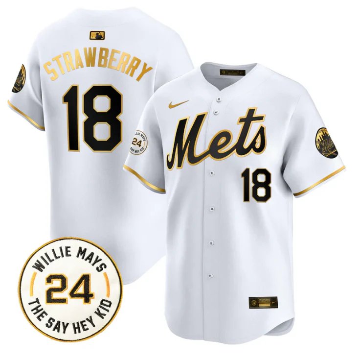 Darryl Strawberry Jersey #18 Mets Willie Mays Patch Vapor Premier White Gold