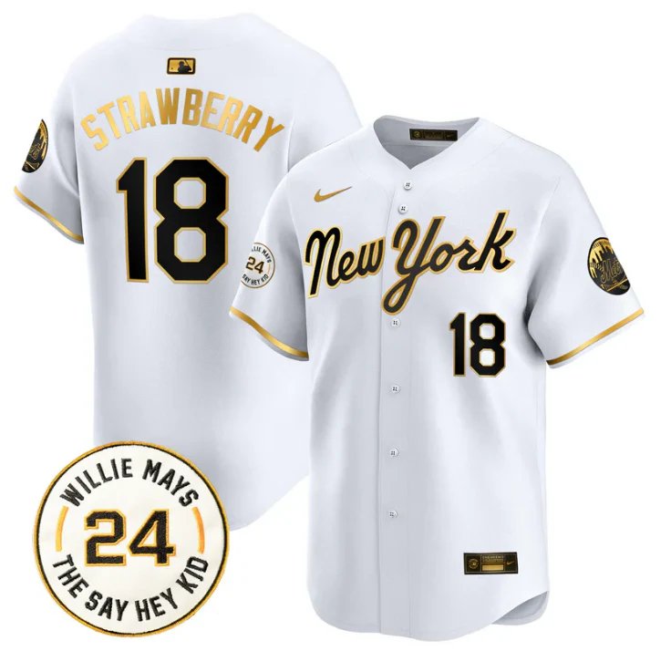 Darryl Strawberry Jersey #18 Mets Willie Mays Patch Vapor White Gold