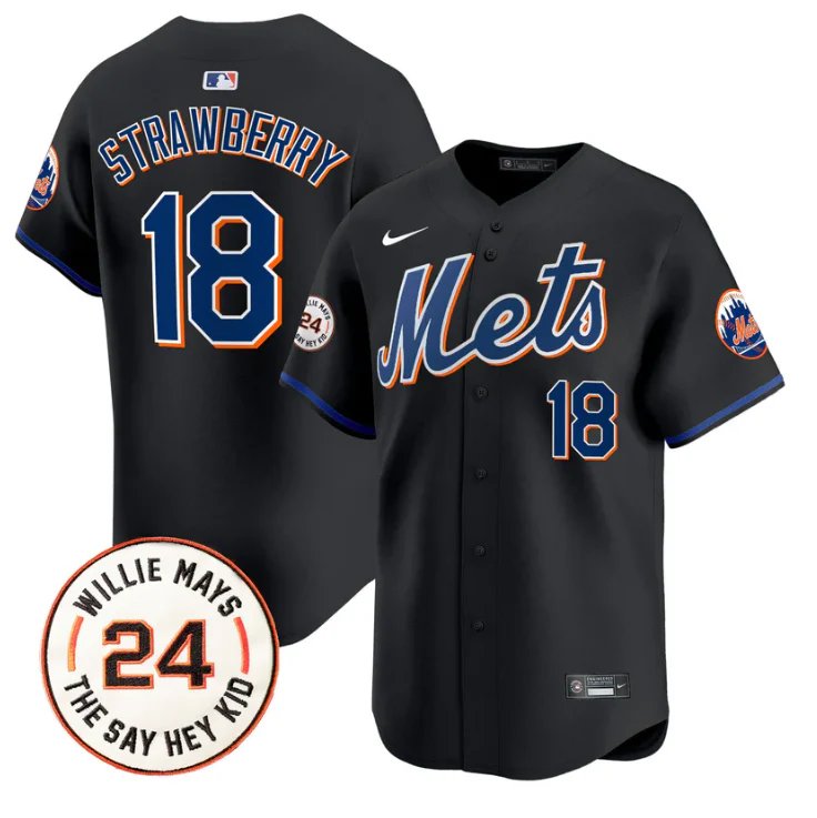 Darryl Strawberry Jersey #18 Mets Willie Mays Patch Vapor Black