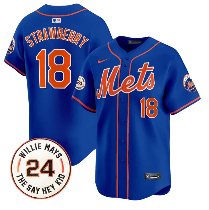 Darryl Strawberry Jersey #18 Mets Willie Mays Patch Vapor Blue Royal