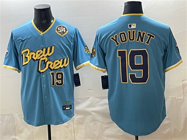 Brewers #19 Robin Yount Powder Blue City Connect With Home & Bob Uecker Patch Jersey