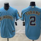 Brewers #2 Brice Turang Blue With Home & Bob Uecker Patch Jersey