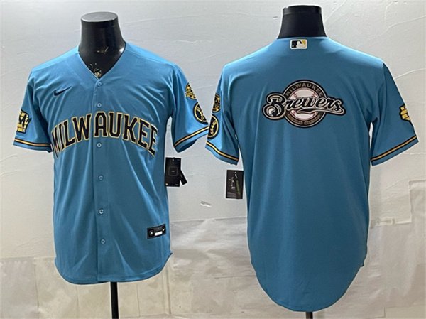 Men's Milwaukee Brewers Team Big Logo Blue With Home & Bob Uecker Patch Jersey