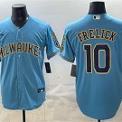 Brewers #10 Sal Frelick Blue With Home & Bob Uecker Patch Jersey
