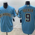 Brewers #9 Bob Uecker Blue With Home & Bob Uecker Patch Jersey