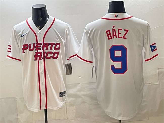 Men's Puerto Rico Baseball #9 Javier B&Atilde;&iexcl;ez White 2026 World Baseball Classic Home Jersey