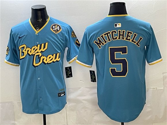 Brewers #5 Garrett Mitchell Powder Blue City Connect With Home & Bob Uecker Patch Baseball Jersey