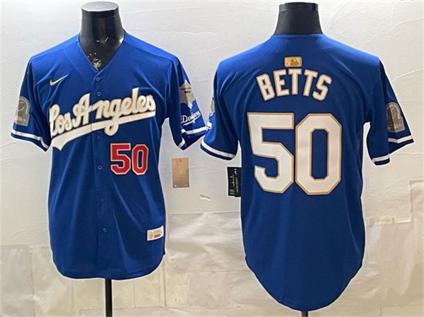 Dodgers #50 Mookie Betts Royal 2026 Gold Collection 9x & B2B Champs Patch Stitched Baseball Jersey