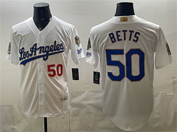 Dodgers #50 Mookie Betts White 2026 Gold Collection 9x & B2B Champs Patch Stitched Baseball Jersey