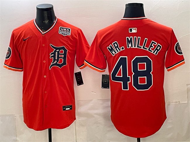 Men's Detroit Tigers #48 Mr. Miller Orange 2026 Alternate USA 250' Patch Vapor Jersey