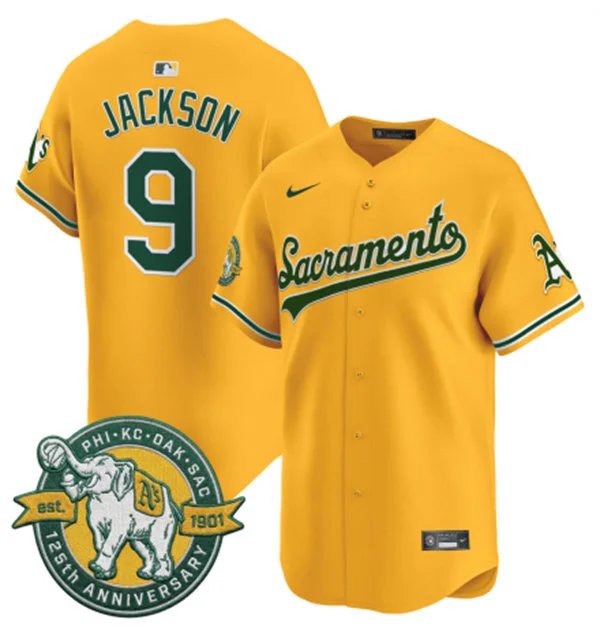 Men's OAK Retired Player #9 Reggie Jackson2026 Gold Alternate Stadium Jersey