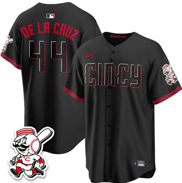 Men's Cincinnati Reds #44 Elly De La Cruz Black City Connect With Patch Limited Jersey
