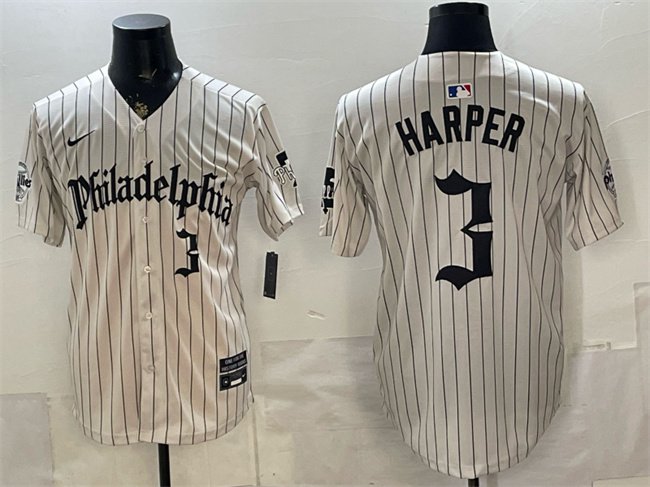 Men's Philadelphia Phillies #3 Bryce Harper Cream Pinstripe Gothic Vapor Jersey