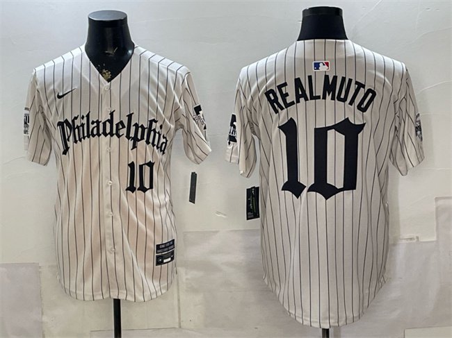 Men's PHI #10 J.T. Realmuto Cream Pinstripe Gothic Vapor Jersey