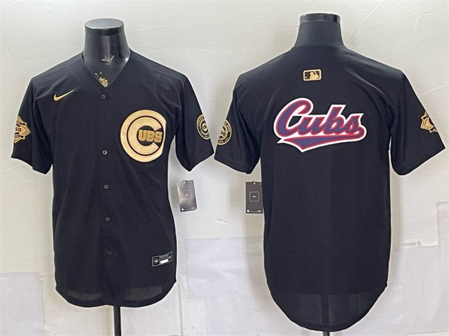 Men's Chicago Cubs Team Big Logo Black Gold 150th Anniversary Patch Stitched Jersey
