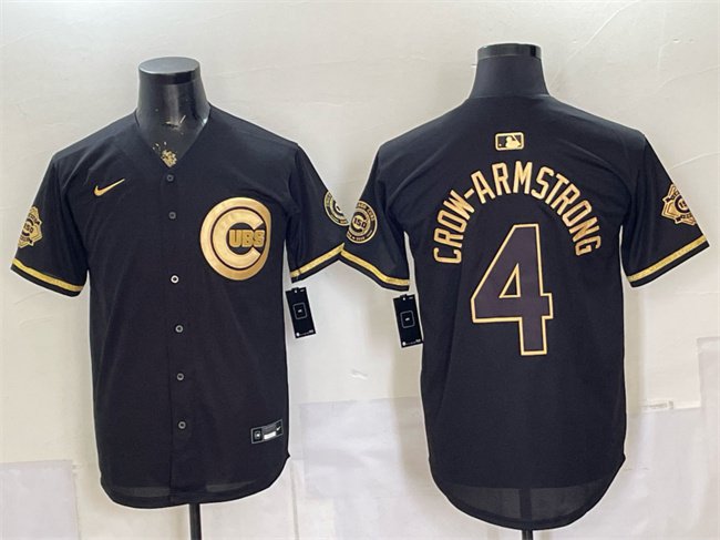 Men's Chicago Cubs #4 Pete Crow-Armstrong Black Gold 150th Anniversary Patch Jersey