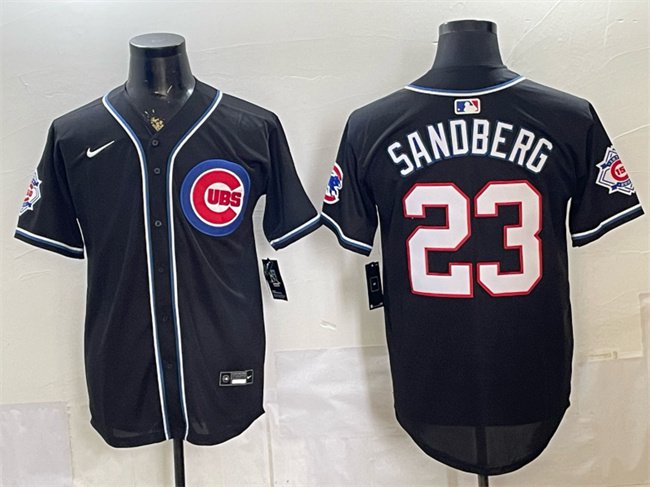 Men's Chicago Cubs #23 Ryne Sandberg 150th Anniversary Black Out Style Jersey