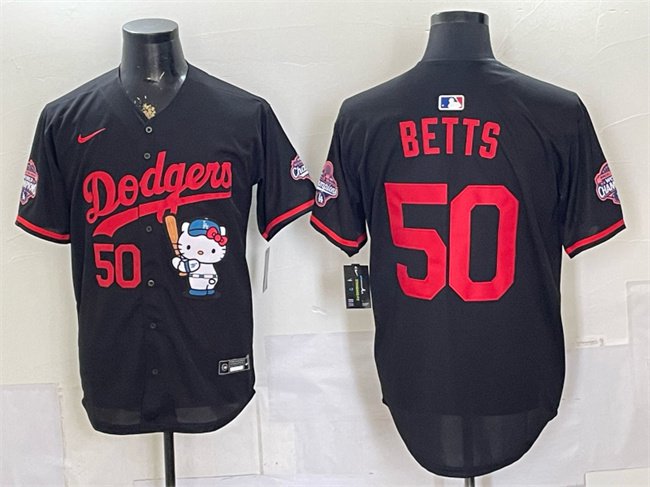 Dodgers #50 Mookie Betts Black Kitty Night 2025 World Series Champions Patch Jersey