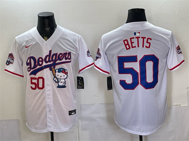 Dodgers #50 Mookie Betts White Kitty Night 2025 World Series Champions Patch Jersey
