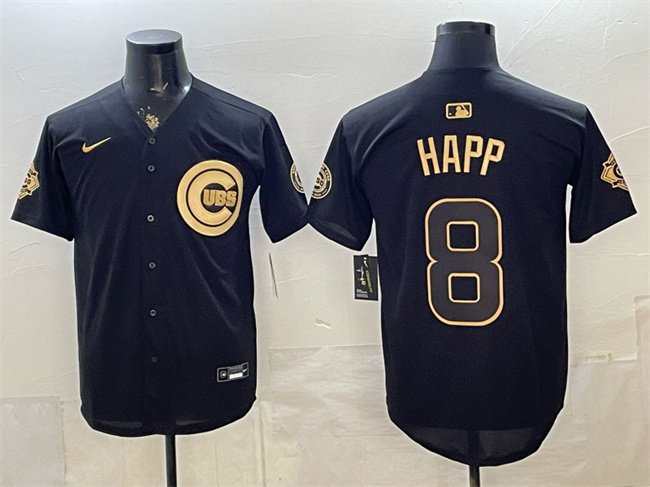 Men's Chicago Cubs #8 lan Happ Black Gold 150th Anniversary Patch Stitched Jersey