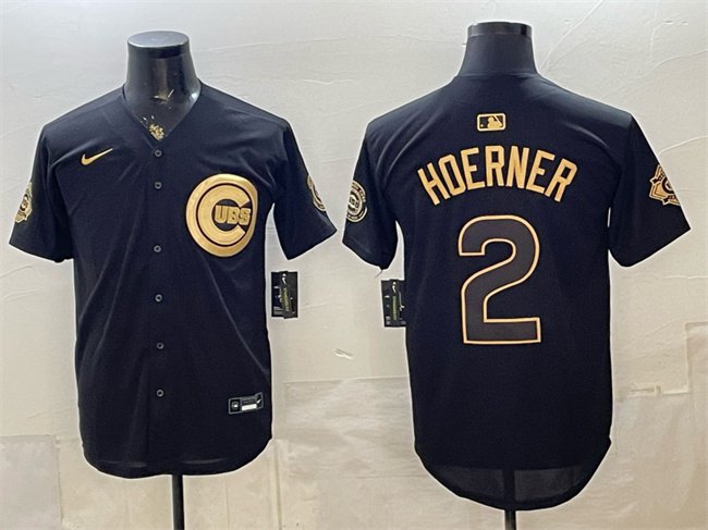 Men's Chicago Cubs #2 Nico Hoerner Black Gold 150th Anniversary Patch Stitched Jersey