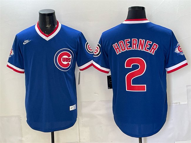 Men's Chicago Cubs #2 Nico Hoerner Royal 150th Anniversary Throwback Jersey