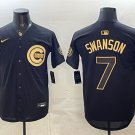 Men's Chicago Cubs #7 Dansby Swanson Black Gold 150th Anniversary Patch Jersey