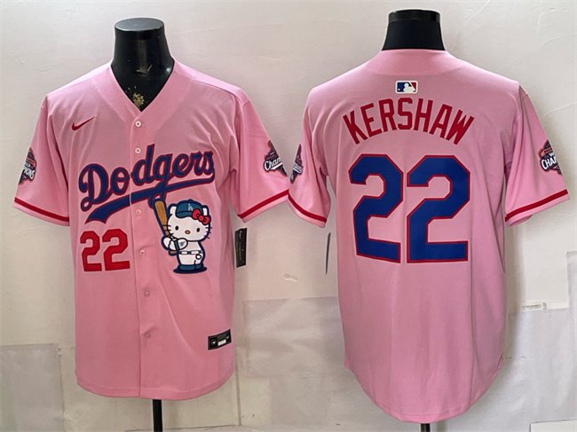 Dodgers #22 Clayton Kershaw Pink Kitty Night 2025 World Series Champions Patch Jersey