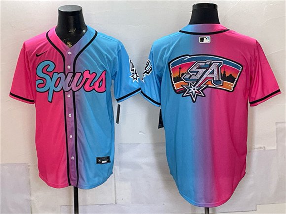 San Antonio Spurs Team Big Logo Pink Blue Limited Stitched Baseball Jersey