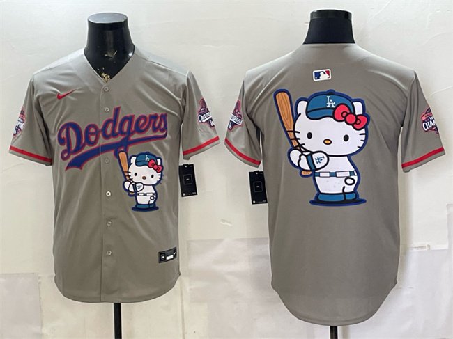 Dodgers Team Big Logo Grey Kitty Night 2025 World Series Champions Patch Stitched Baseball Jersey