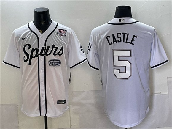 Men's San Antonio Spurs #5 Stephon Castle White USA 250' Patch Stitched Baseball Jersey